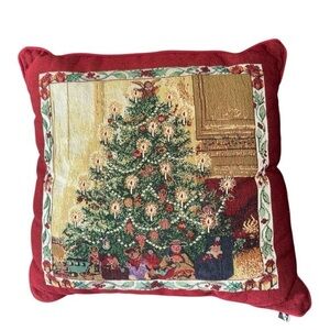 Newport Needlepoint Tapestry Throw Pillow Christmas Tree Vtg Toys 17”x17”